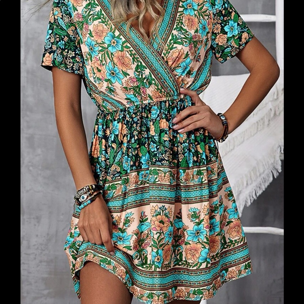 Boho Floral Tropical Print Cottagecore Dress - Picture 5 of 6
